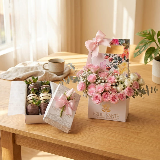 Arreglo pastel de rosas rosadas y blancas con fresas con chocolate, regalo a domicilio en Bogotá