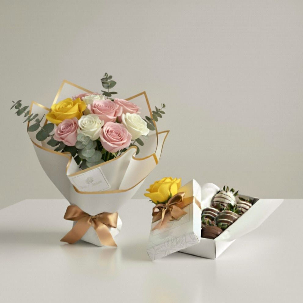 ramo de rosas rosadas blancas y amarillas y fresas con chocolate a domicilio en bogotá