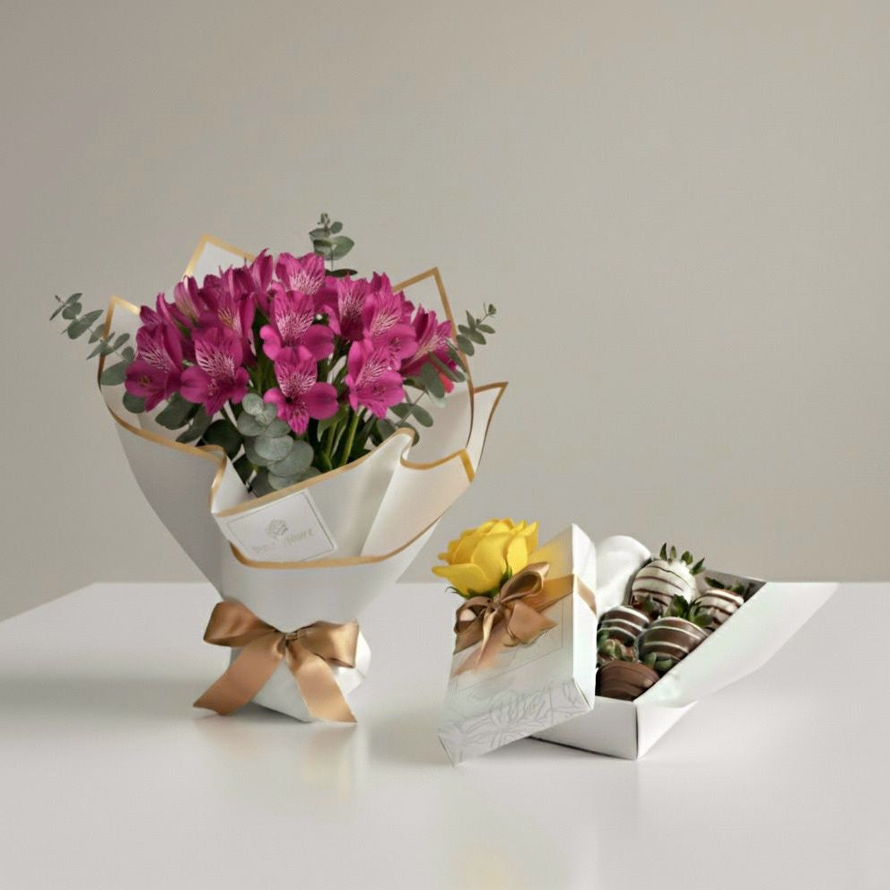 ramo de flores astromelias y fresas con chocolate a domicilio en bogotá