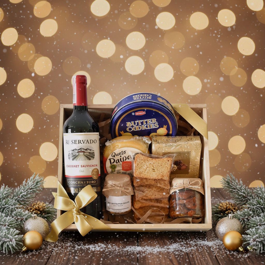 Ancheta navideña gourmet con vino cabernet sauvignon quesos, galletas, chocolates