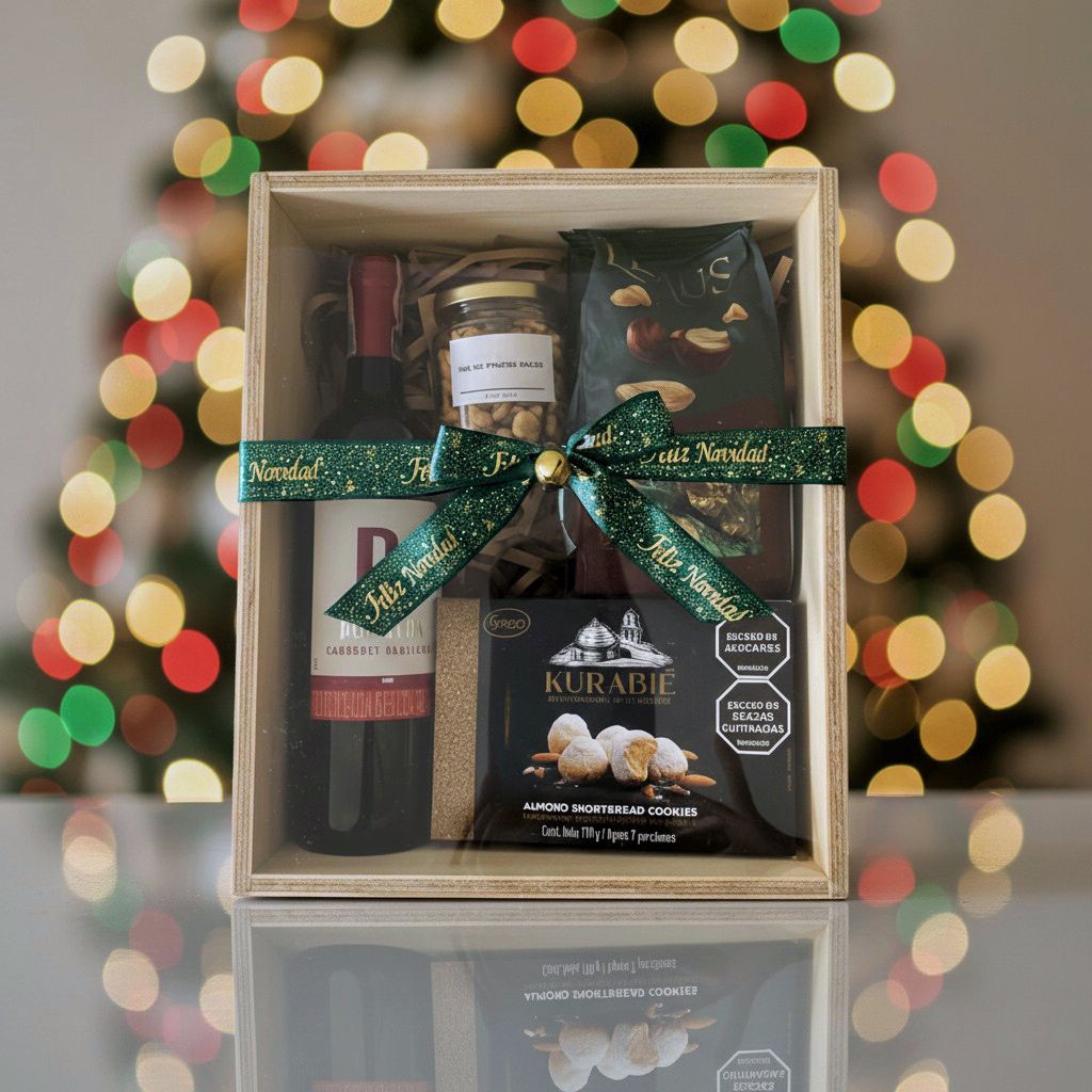 Ancheta navideña convino y galletas y chocolates