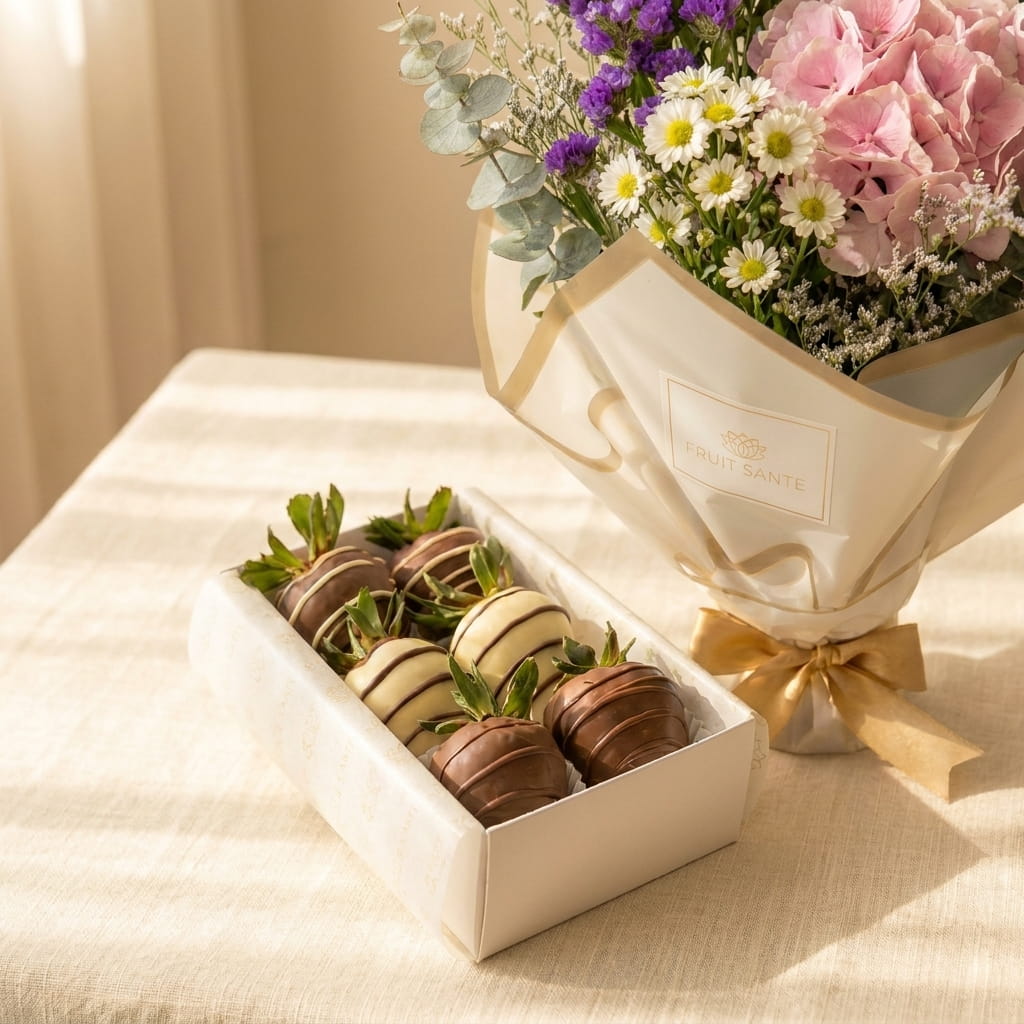 Duo Florencia: Primavera — Bouquet de Hortensia & Fresas con Chocolate