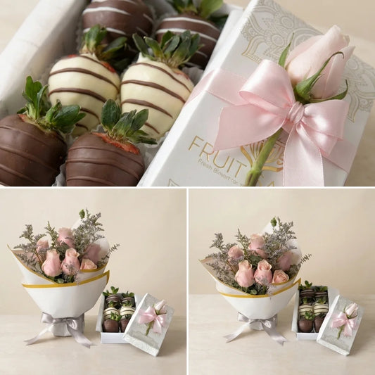 Duo florencia Susurro Rosa: 7 Rosas Rosadas & 6 Fresas con Chocolate – Set Premium
