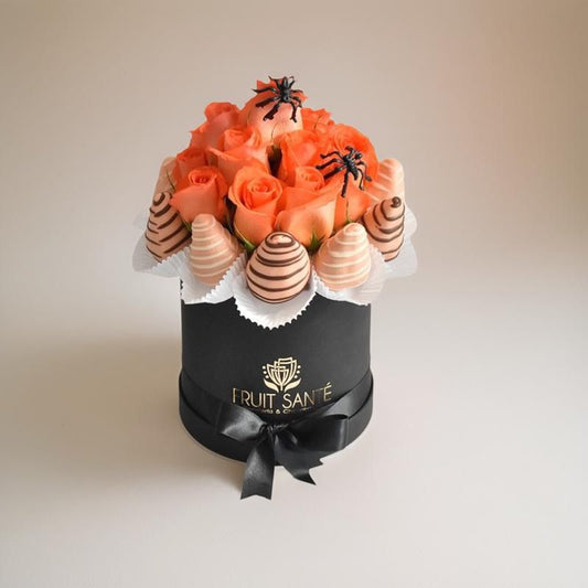 arreglo de fresas con chocolate y rosas para halloween