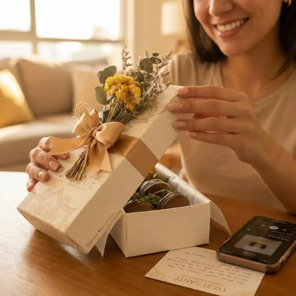 Caja de 6 Fresas con Chocolate y Miniramillete de Flores Secas | Regalo Elegante en Bogotá
