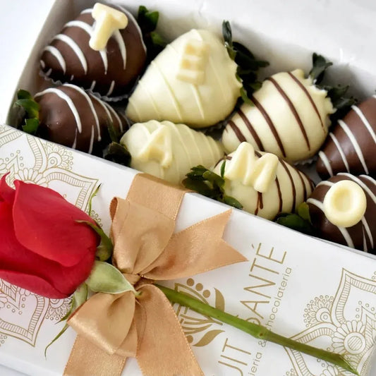 Detalle de fresas premium cubiertas de chocolate blanco y oscuro con letras Te Amo y rosa roja natural