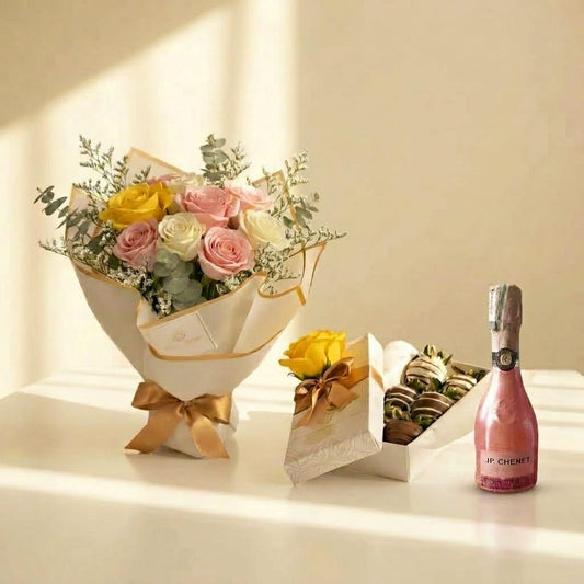 Regalos de Amor y Amistad en Bogotá bouquet de rosas fresas con chocolate y champagne Fruit Santé