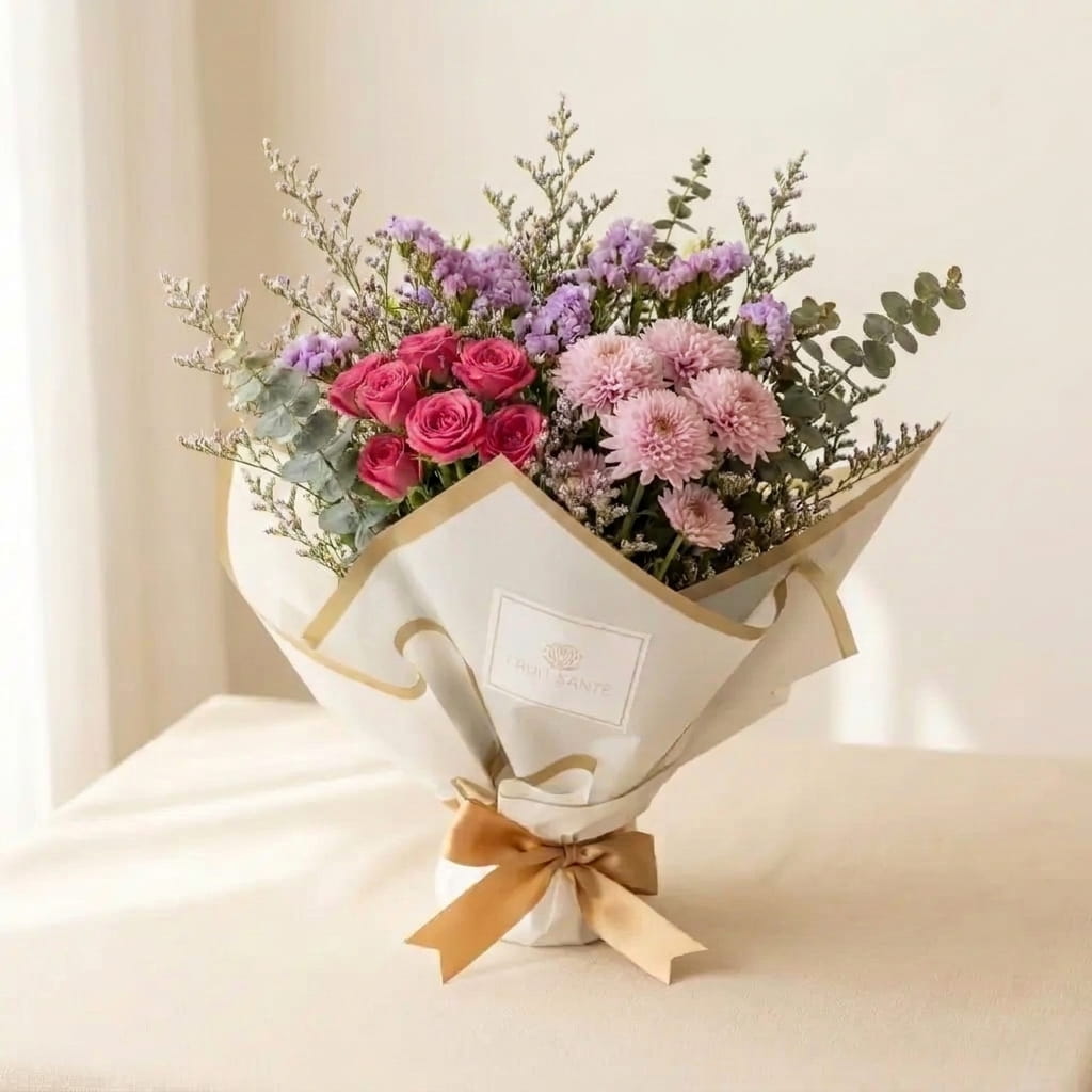 Mini ramo Florencia con rosas fucsia, pompones rosados y statice lila envuelto en papel blanco con moño dorado