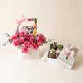 Dúo Jardín Floral Fucsia: Rosas en Caja + Fresas con Chocolate