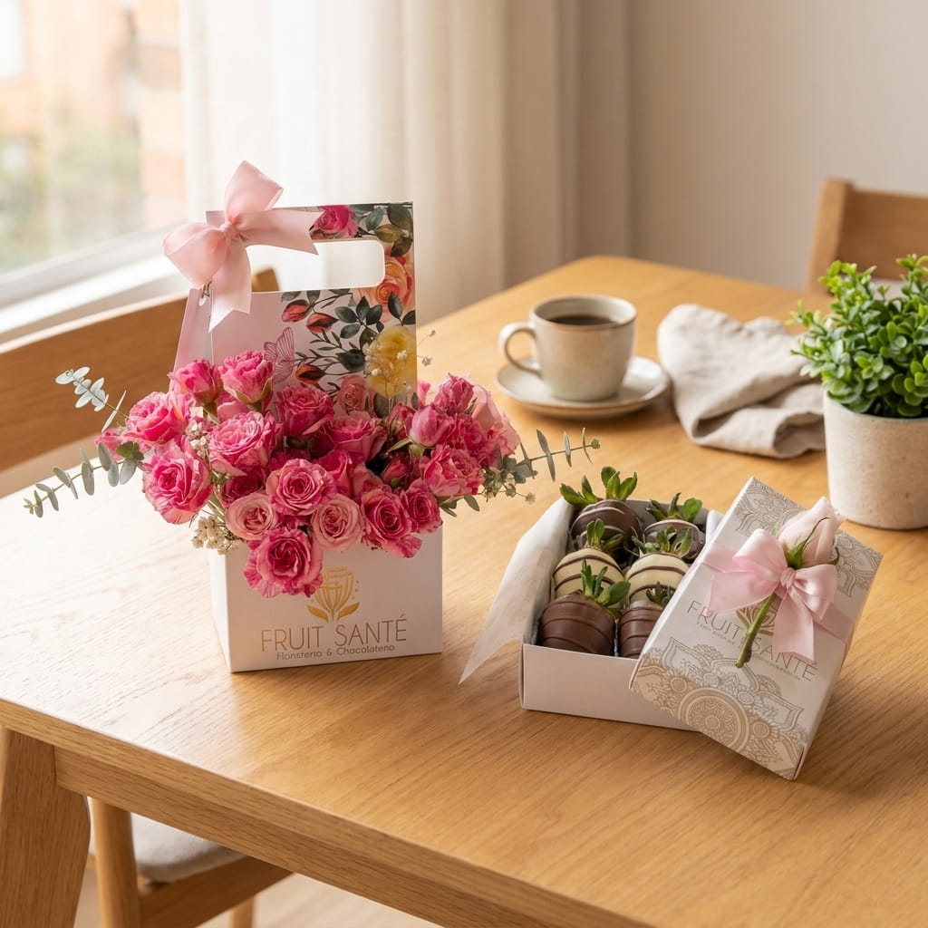 Rosas fucsia en caja jardinera y fresas con chocolate sobre mesa de madera en Bogotá