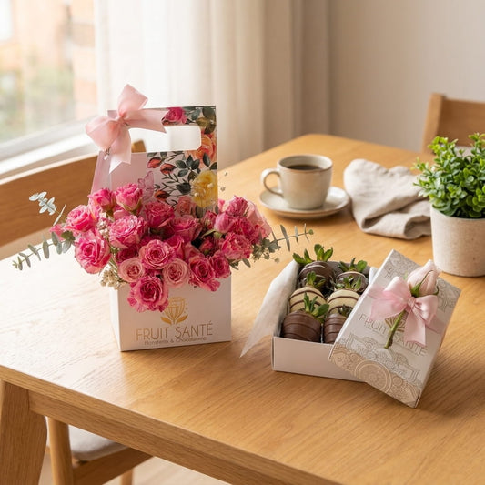 Rosas fucsia en caja jardinera y fresas con chocolate sobre mesa de madera en Bogotá