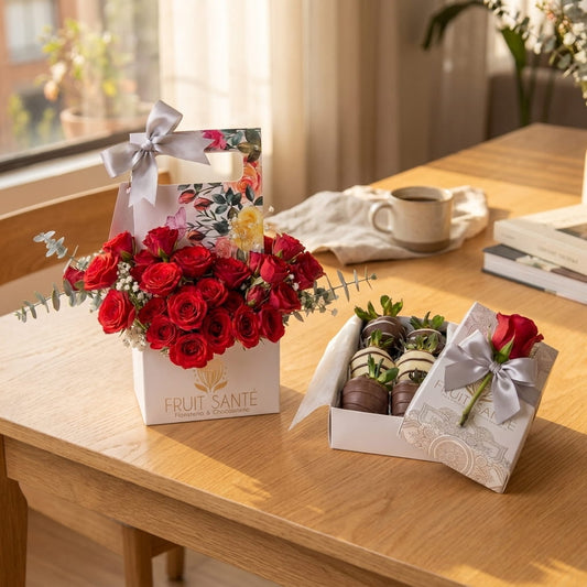 Rosas rojas y fresas con chocolate sobre mesa, regalo de aniversario a domicilio en Bogotá