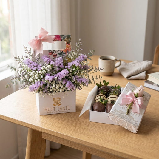 Arreglo de flores lilas y blancas con fresas con chocolate, regalo a domicilio en Bogotá