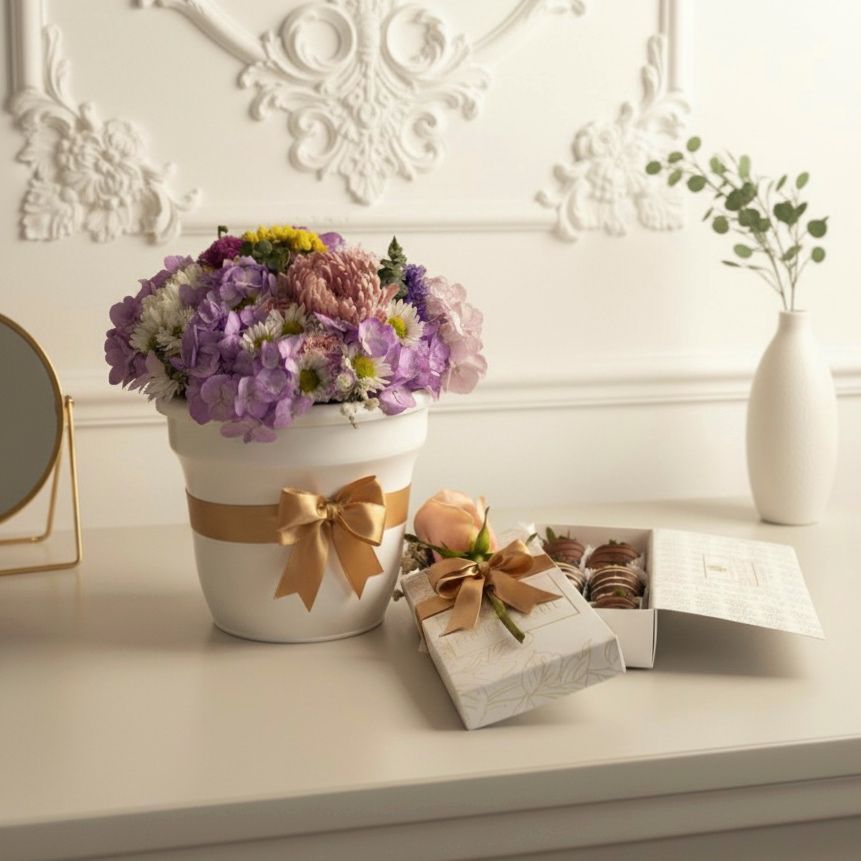 Arreglo de flores surtidas y fresas con chocolate en bogota 