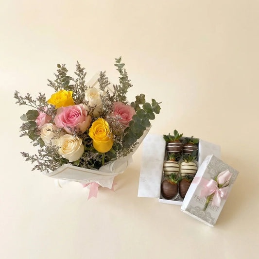 arreglo de rosas rosadas blancas y amarillas y caja de 6 fresas con chocolate a domicilio en bogotá
