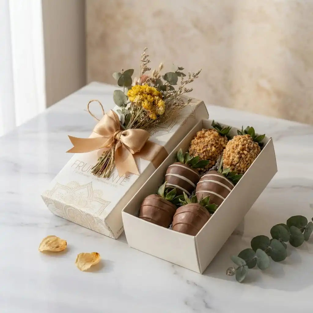 Caja de 6 Fresas con Chocolate y Miniramillete de Flores Secas | Regalo Elegante en Bogotá