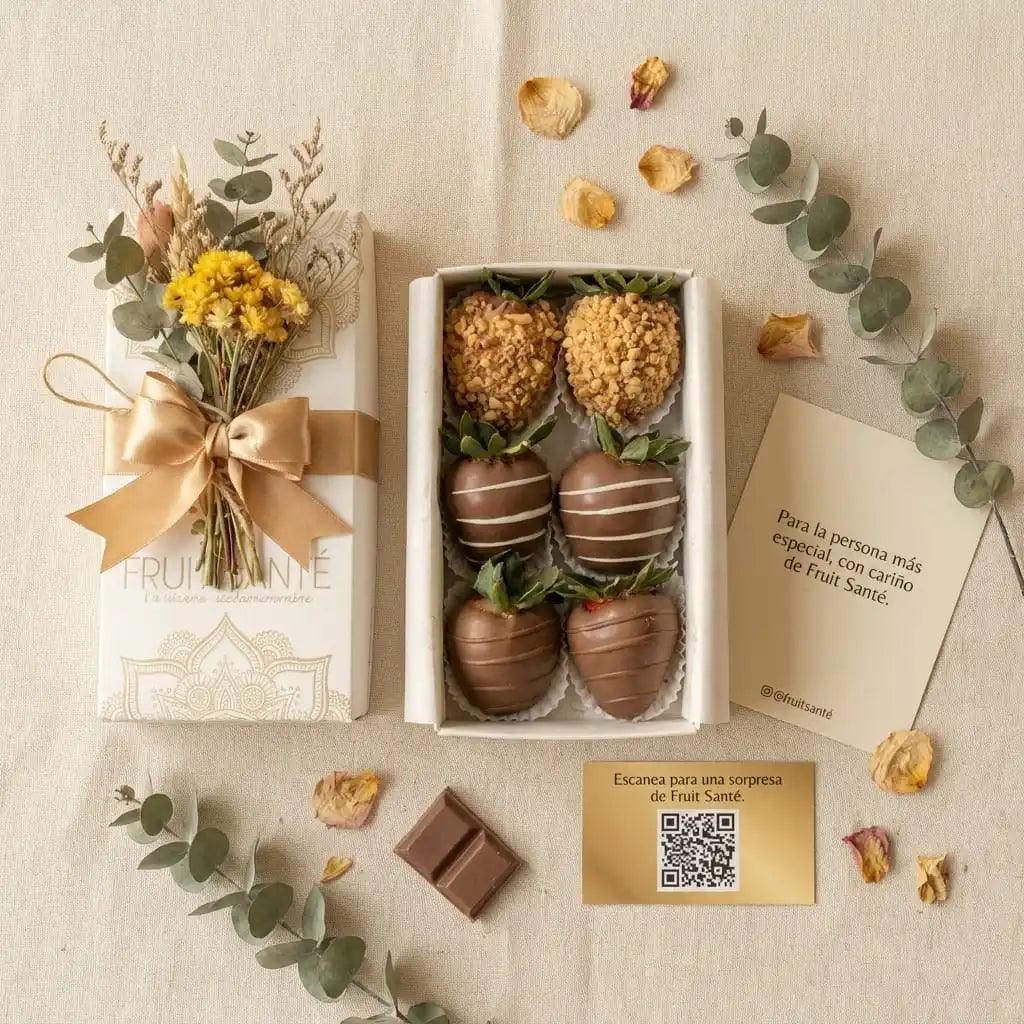 Caja de 6 Fresas con Chocolate y Miniramillete de Flores Secas | Regalo Elegante en Bogotá