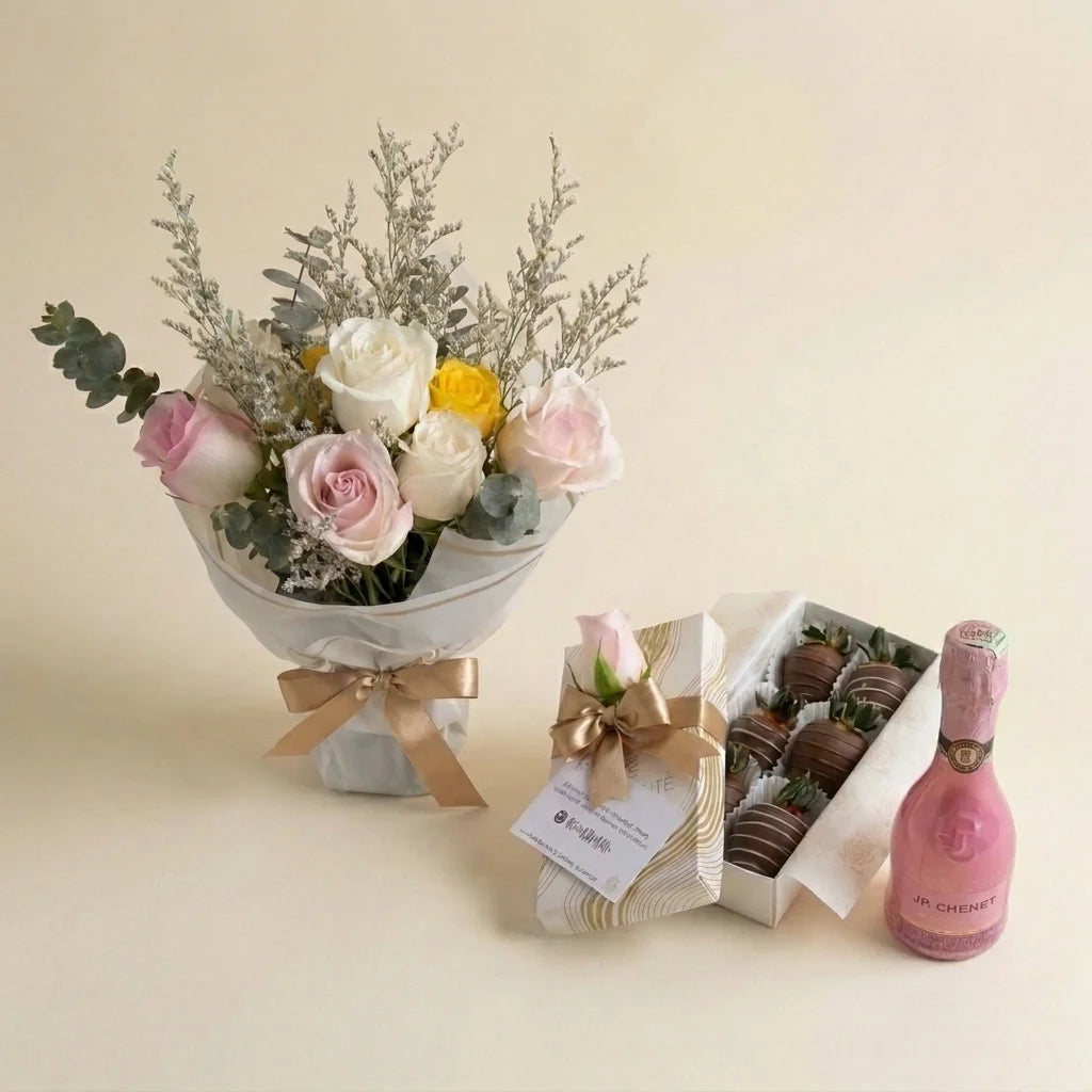 Duo Florencia: Bouquet Rosas Pasteles + Fresas con Chocolate + Champagne Rosé | Fruit Santé