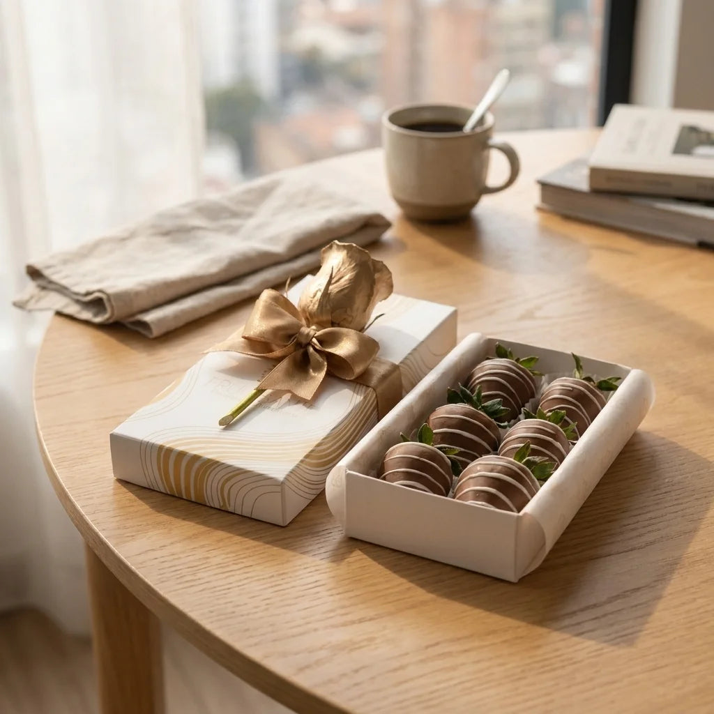 Caja de 6 Fresas con Chocolate y Rosa Dorada