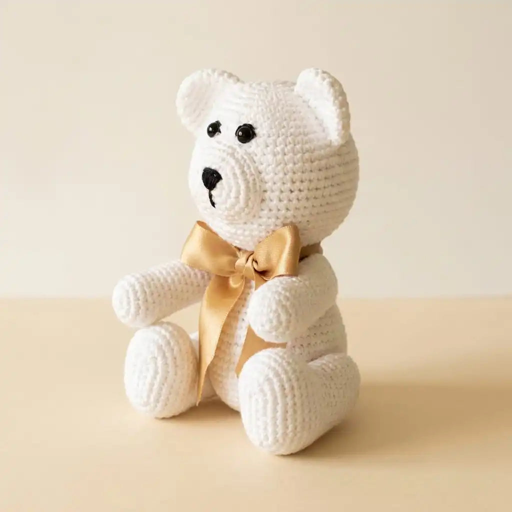 Detalle del tejido artesanal en crochet de osito amigurumi hecho a mano en Colombia