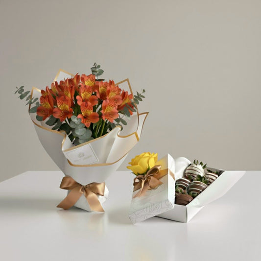 Bouquet de flores astromelias y fresas con chocolate a domicilio en bogotá