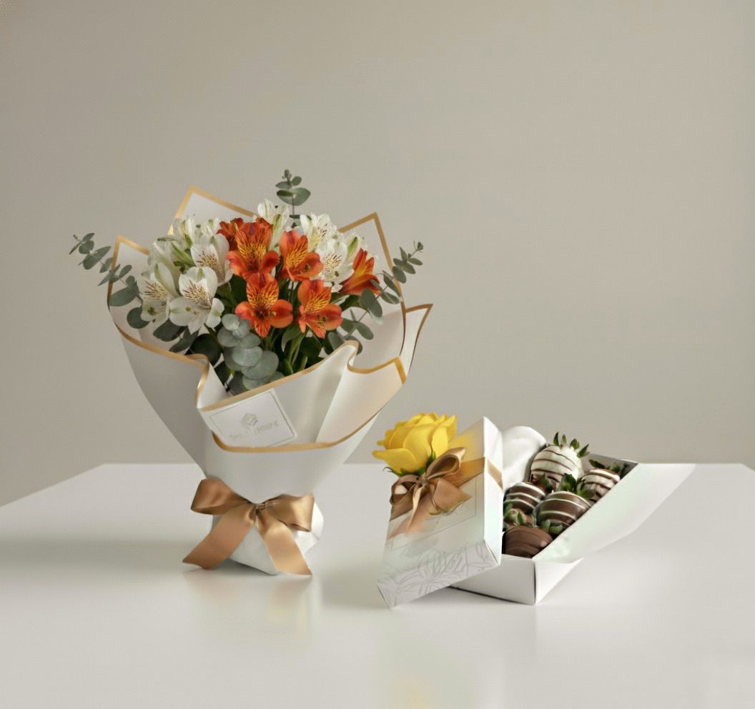 Ramo de flores astromelias y fresas con chocolate a domicilio en bogotá