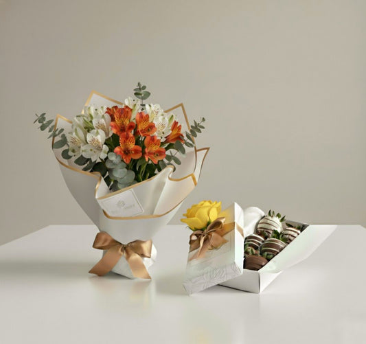 Ramo de flores astromelias y fresas con chocolate a domicilio en bogotá