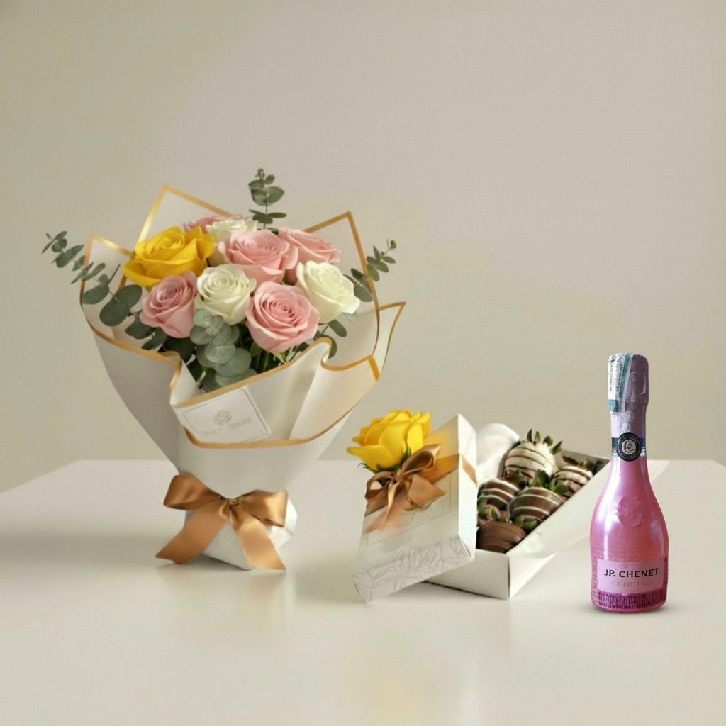 Ramo de rosas y fresas con chocolate y vino espumoso a domicilio en bogotá
