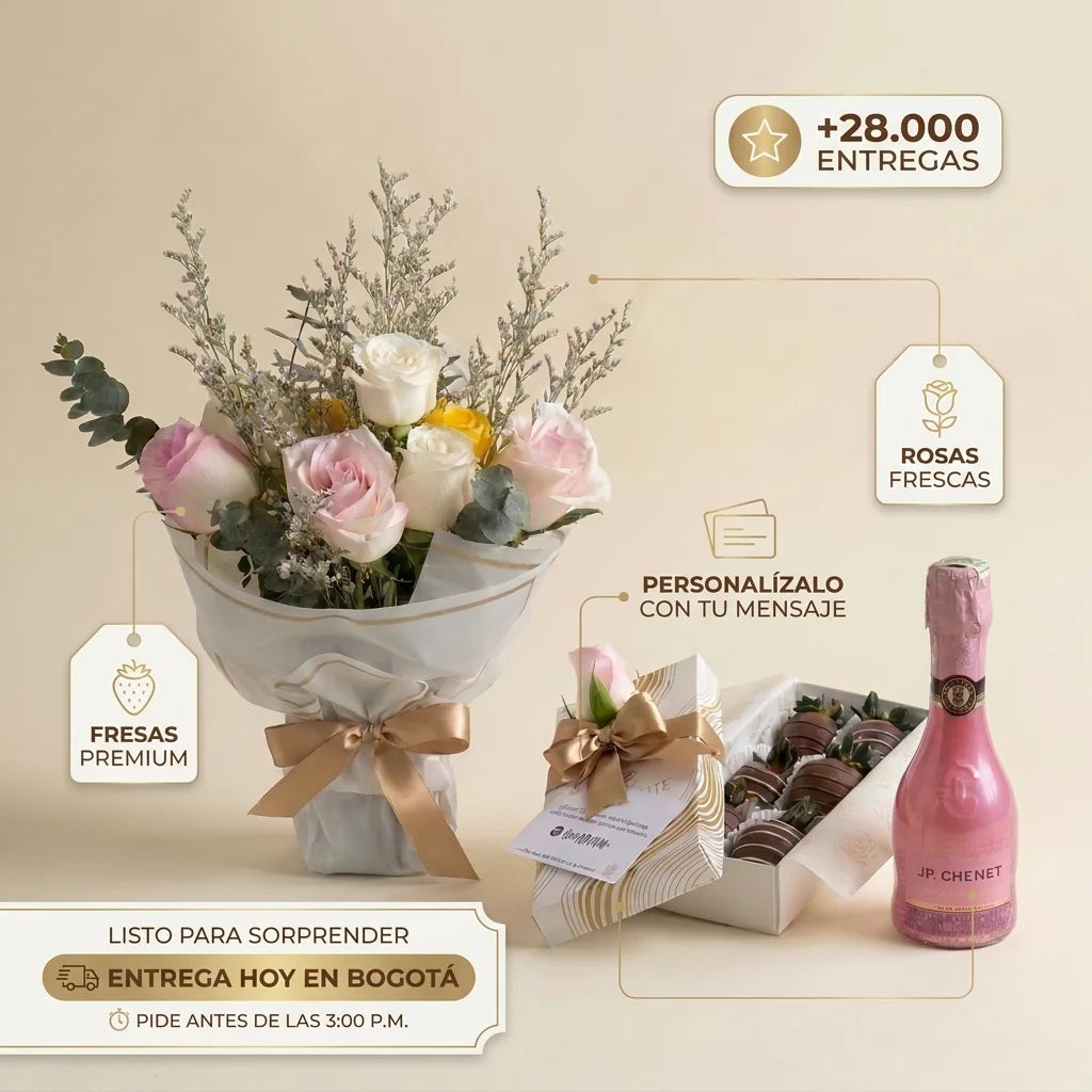 Duo Florencia: Bouquet Rosas Pasteles + Fresas con Chocolate + Champagne Rosé | Fruit Santé