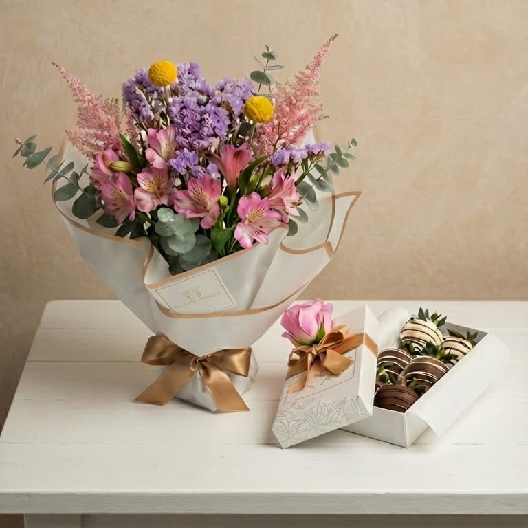 Ramo de flores premium lila y rosa con craspedias amarillas y caja de 6 fresas con chocolate Fruit Santé en Bogotá
