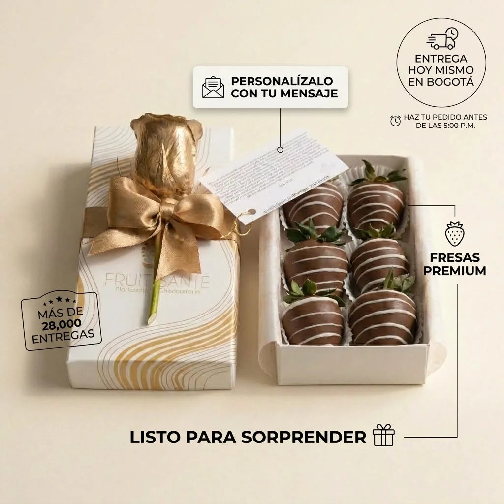 Caja de 6 Fresas con Chocolate y Rosa Dorada