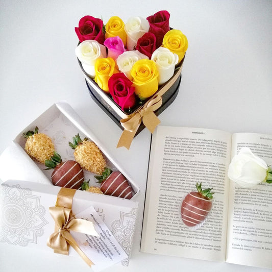 corazon de rosas y fresas con chocolate en bogotá