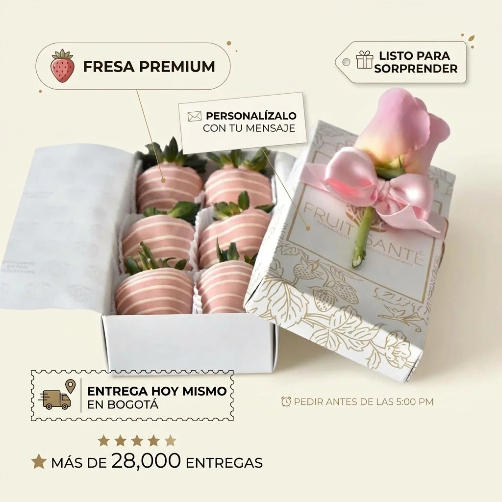 Caja de 6 Fresas premium con chocolate rosado + Rosa Rosada