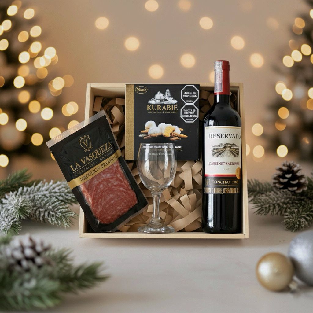 ancheta navideña con vino cabernet sauvignon, carnes maduradas, galletas y copa de vino