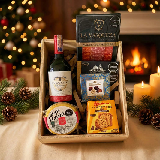 Ancheta gourmet navideña con vino Tocornal, queso Paipa, charcutería La Vasqueza, trufas, Kurabie y mini panettone – Fruit Santé Bogotá