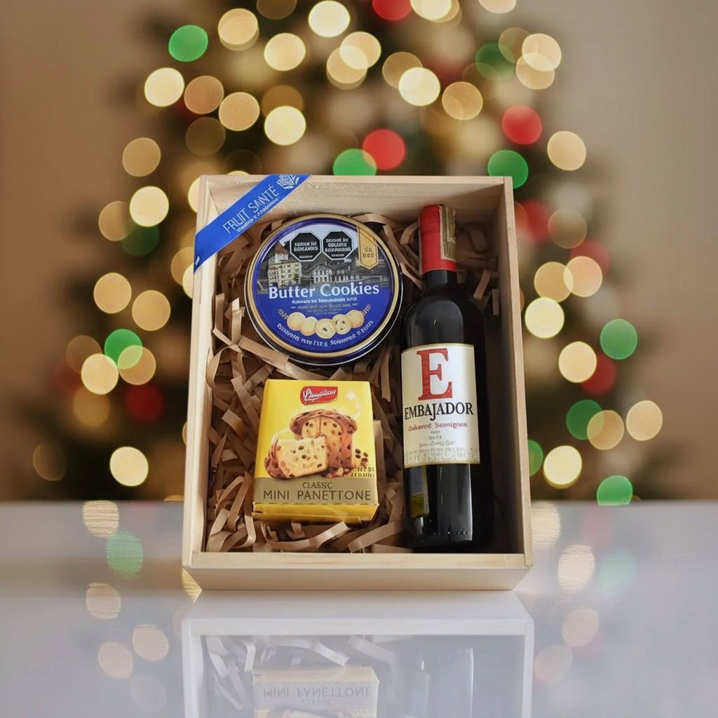 ancheta navideña gourmet con vino y galletas y panettone