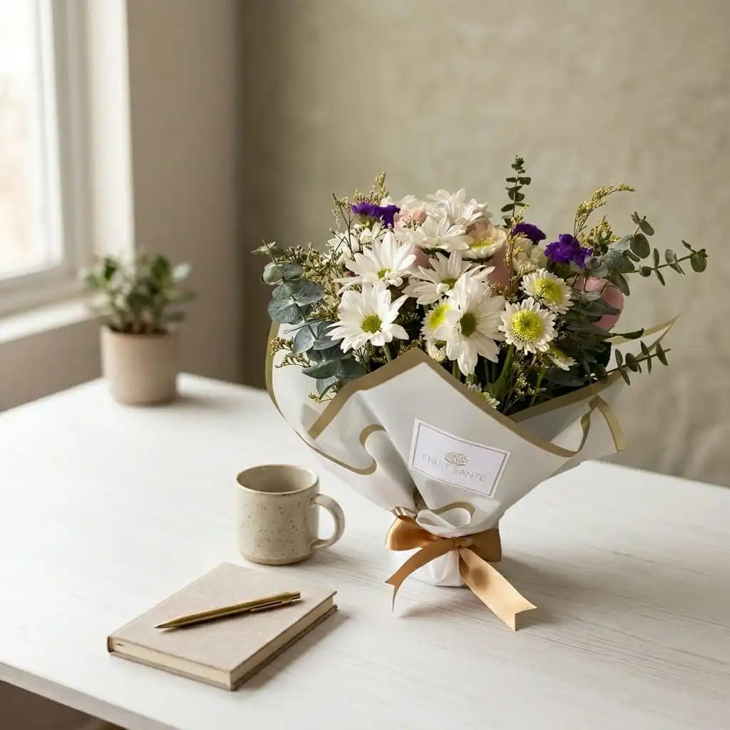 Bouquet de flores pequeño de 28cm sobre escritorio de oficina, ideal para regalo corporativo en Bogotá