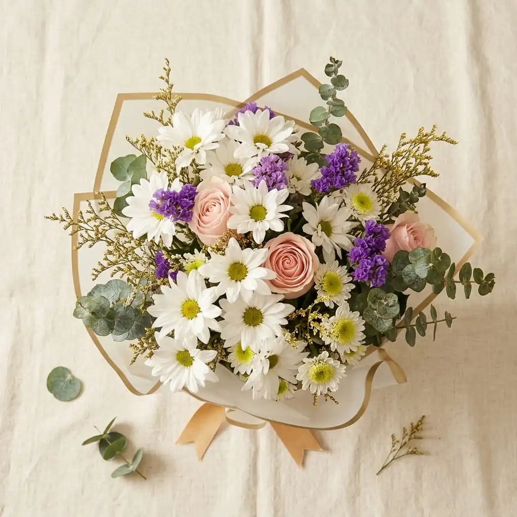Vista superior de bouquet petite con margaritas, statice morado y caspia dorada para regalo en Bogotá