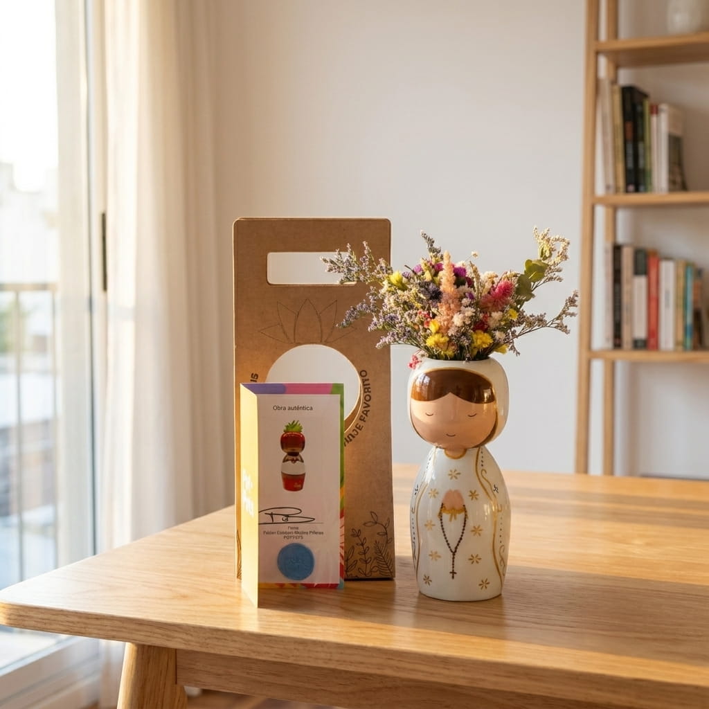 Matera cerámica artesanal Pot.Pots pintada a mano con flores secas en apartamento moderno, junto a caja regalo Fruit Santé - luz natural