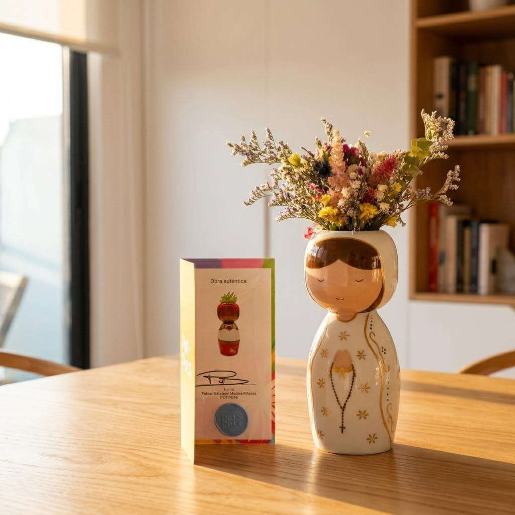 Matera Pot.Pots artesanal con motivos religiosos dibujados a mano, composición con caja Fruit Santé en mesa madera clara - iluminación natural apartamento