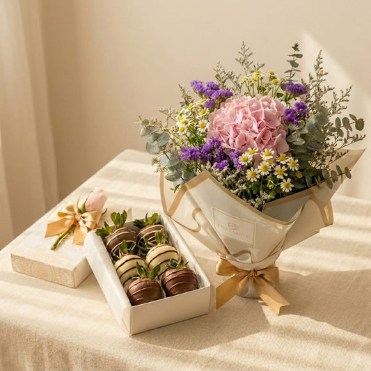 Bouquet de hortensia rosada con fresas cubiertas de chocolate y caja de regalo — Duo Florencia de Fruit Santé, Bogotá
