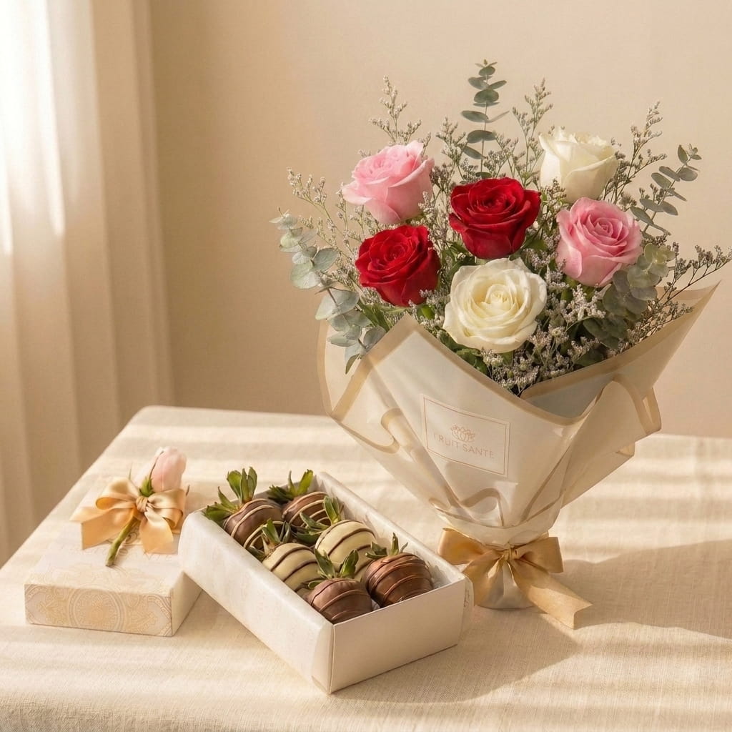 bouquet de rosas + caja de fresas con chocolate bogota