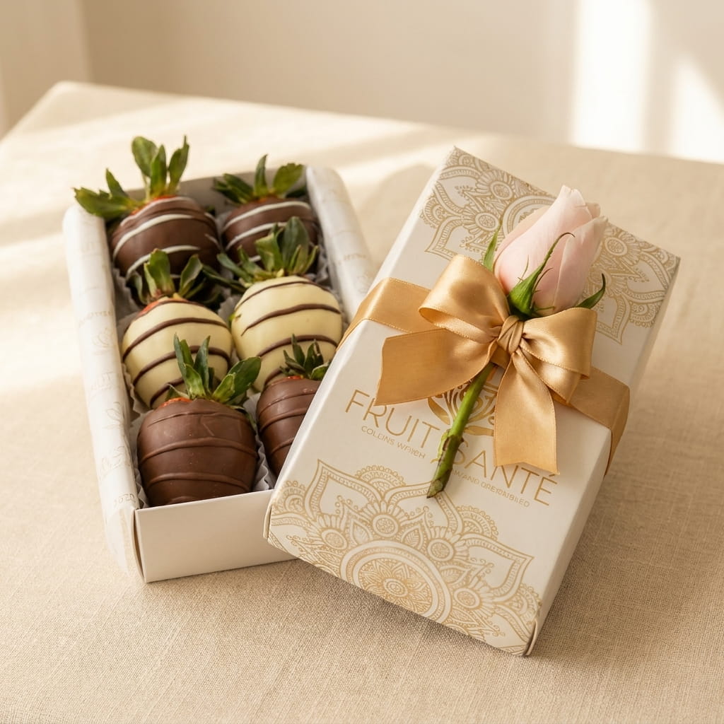 Duo Florencia:  Bouquet Premium + Caja de 6 Fresas con Chocolate + Rosa | Fruit Santé