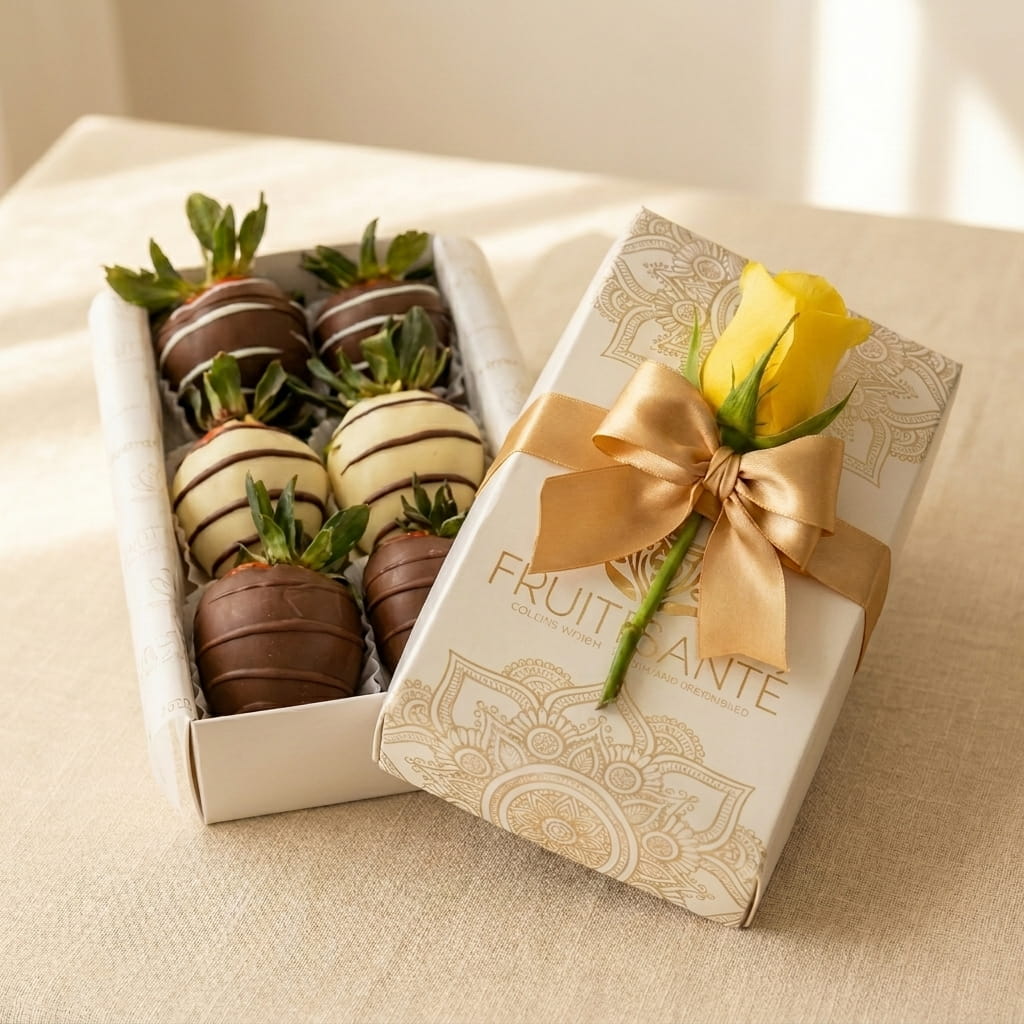 Duo Florencia: Bouquet Rosas Pasteles + Fresas con Chocolate + Champagne Rosé | Fruit Santé