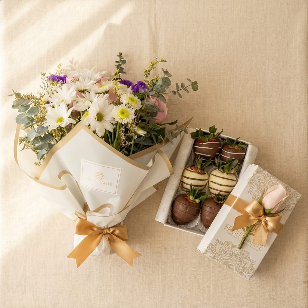 Vista superior de combo regalo con bouquet premium y caja dorada de fresas con chocolate en Bogotá