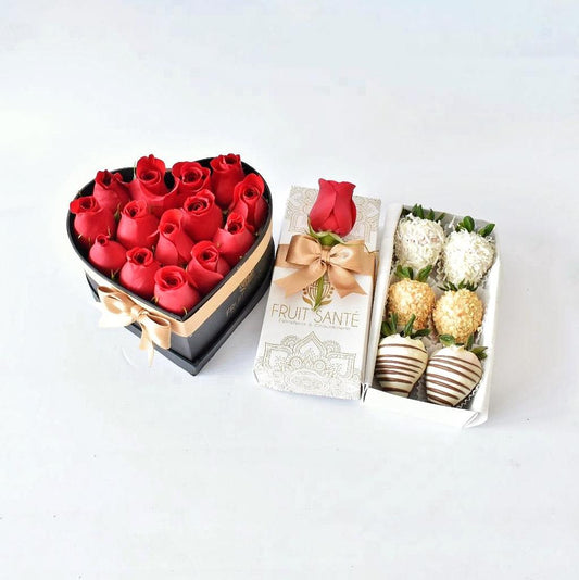Corazon de rosas rojas y fresas con chocolate en bogota
