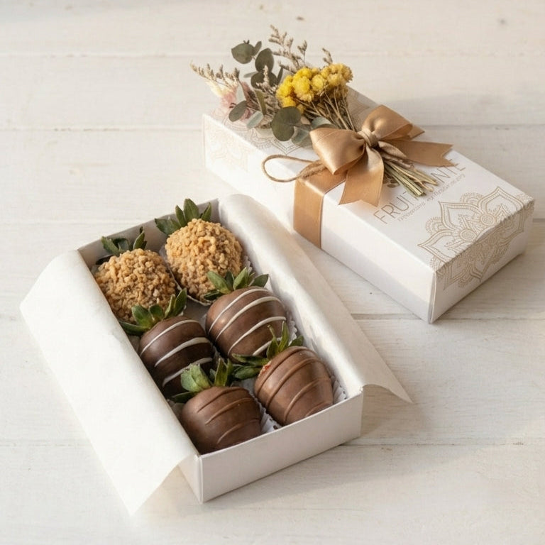Caja Fruit Santé con 6 fresas cubiertas de chocolate y miniramillete de flores secas en caja blanca premium (Bogotá)