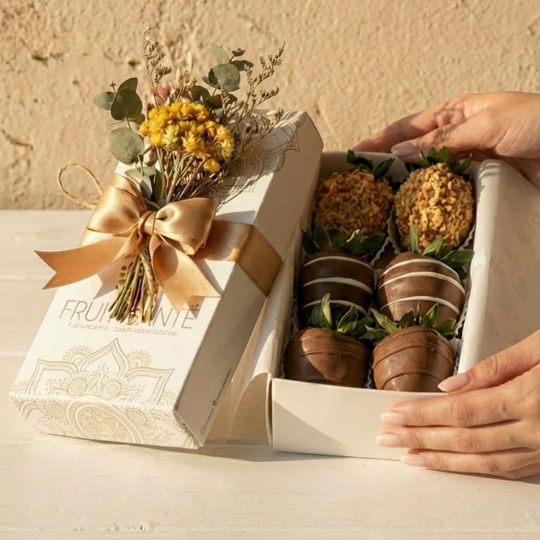 Caja Fruit Santé con 6 fresas cubiertas de chocolate y miniramillete de flores secas en caja blanca premium (Bogotá)
