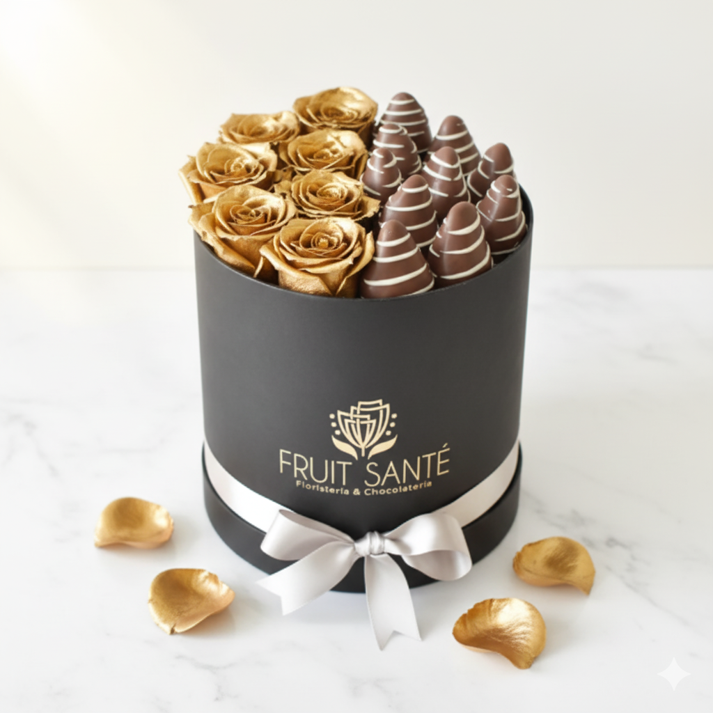 Arreglo de rosas pintadas de dorado y fresas con chocolate en Bogotá