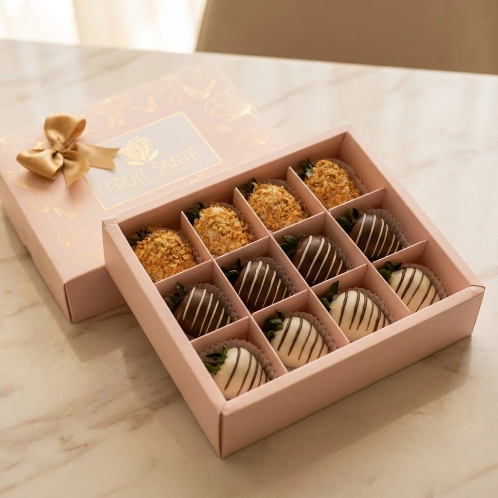 Caja luxury con 12 fresas con chocolate premium en empaque rosa pastel y lazo dorado de Fruit Santé Bogotá